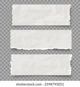 Ripped crumpled pieces of paper. Vector realistic torn paper creased, wrinkled texture, creased or wrinkled texture. Vintage worn damaged wrinkled piece