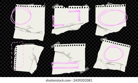 Ripped and cut-out pages of a notebook with hand-painted scribble frames. Vector illustration of torn paper or magazine clippings for collages. Elements with rough edges. Xerox or photocopy effect.