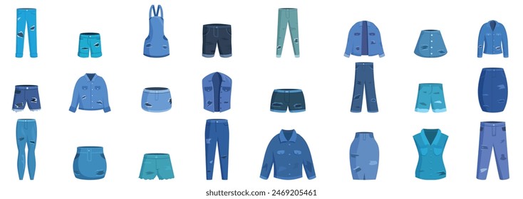 Ripped denim clothes icons set vector. A collection of blue clothing items, including shorts, pants, and jackets. The clothing items are arranged in a grid, with each item occupying a different space