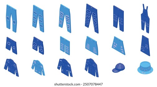 Ripped denim clothes icons set. Set of ripped denim clothes icons showing different clothing items in 3d isometric view