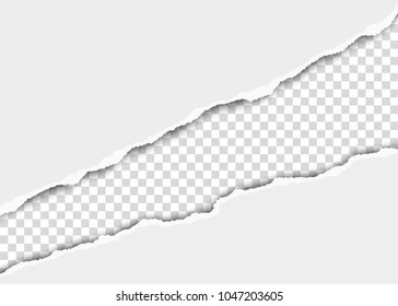 Ripped diagonal long hole in sheet of white paper. Transparent resulting background. Vector template paper design.