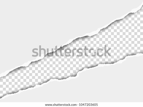 Ripped diagonal\
long hole in sheet of white paper. Transparent resulting\
background. Vector template paper\
design.