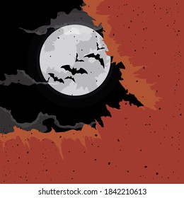 Ripped fabric with spooky night view with full Moon, clouds and bats flying.