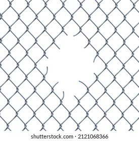 Ripped fence rabitz chain link seamless pattern. Vector background of metal wire mesh, steel grid or net with hole and wire cuts in the center, broken security fence or safety border, freedom concept