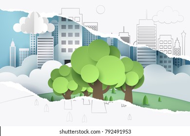 Ripped hand drawing paper and see through paper art of tree and town, world sustainable environment friendly idea, vector art and illustration.