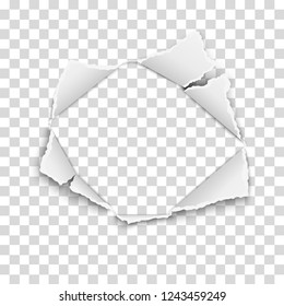 Ripped hole in transparent paper with torn edges and soft shadow. Damaged sheet. Vector paper template.