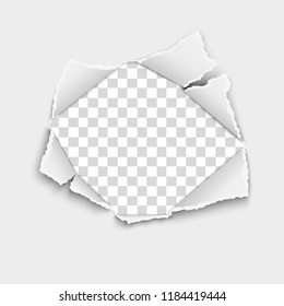 Ripped hole in white paper with torn edges, soft shadow and transparent background. Damaged sheet. Vector paper mockup.