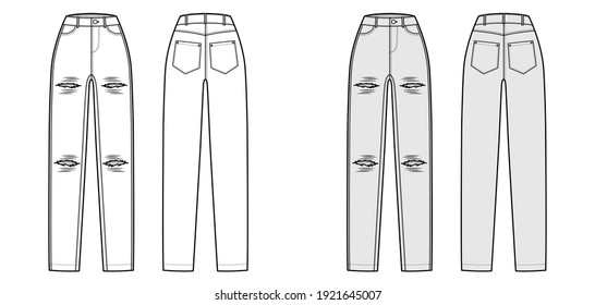 Ripped Jeans distressed Denim pants technical fashion illustration with full length, normal waist, high rise, 5 pockets, Rivets. Flat bottom front, back, white grey color style. Women, men CAD mockup