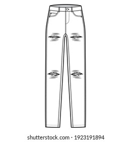 Ripped Jeans distressed Denim pants technical fashion illustration with full length, low waist, rise, coin, 5 pockets, Rivets. Flat bottom template front, white color style. Women, men CAD mockup