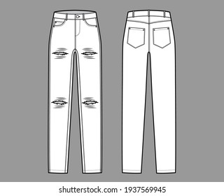 Ripped Jeans distressed Denim pants technical fashion illustration with full length, low waist, rise, coin, 5 pockets, Rivets. Flat bottom template front, back white color style. Women, men CAD mockup
