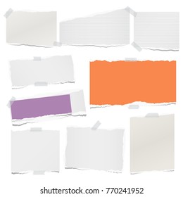 Ripped lined and blank note, notebook paper sheets for text or message stuck with sticky tape on white background