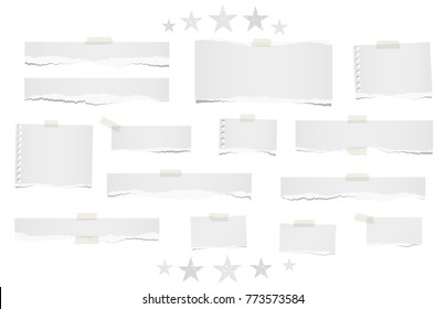 Ripped lined and blank note, notebook paper strips for text or message stuck with sticky tape on white background with stars