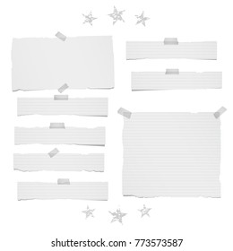 Ripped lined and blank note, notebook paper strips, sheets for text or message stuck with sticky tape on white background with stars