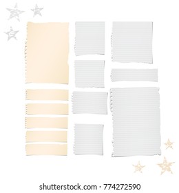 Ripped Lined And Blank Note, Notebook Paper Strips, Sheets For Text Or Message Stuck On White Background With Stars