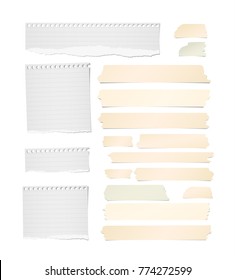 Ripped lined note, notebook paper strips, sheets, blank adhesive, sticky tape for text or message stuck on white background