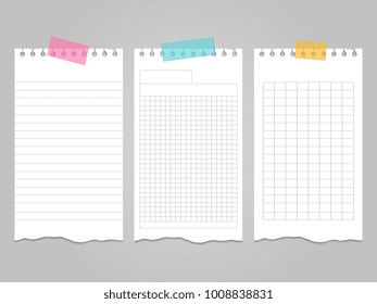 Ripped lined notebook pages templates for notes or memo. Vector illustration