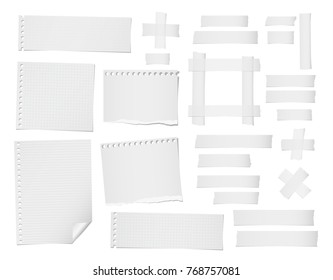 Ripped lined, squared, note, notebook paper sheets and masking, adhesive tape for text or message stuck on white background.
