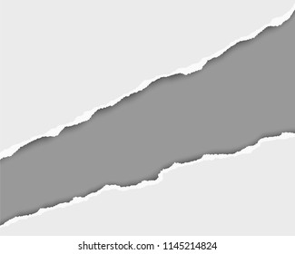 Ripped long diagonal hole in sheet of white paper with dark gray color of resulting background. Vector template paper design.