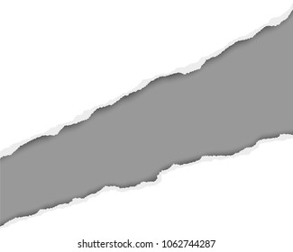 Ripped long hole in sheet of white paper with dark gray color of resulting background. Vector template paper design.