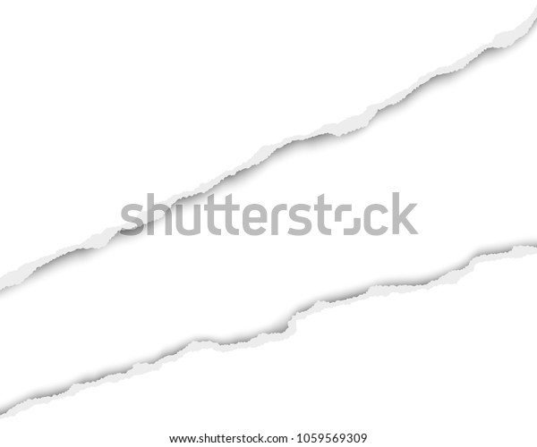 Ripped long hole in sheet\
of white paper with white resulting background. Vector template\
paper design.