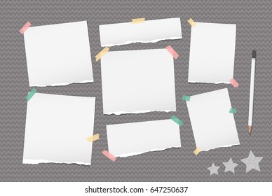 Ripped note, notebook, copybook paper stuck with sticky tape, white pencil, stars on gray wavy background.