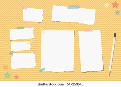 Ripped note, notebook, copybook paper stuck with sticky tape, white pencil, stars on orange bright wavy background.