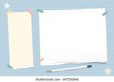 Ripped note, notebook, copybook paper stuck with sticky tape, white pencil, stars on blue wavy background.