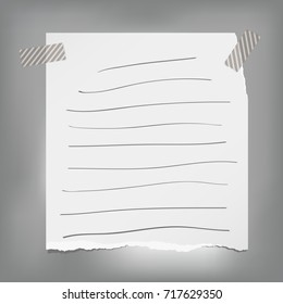Ripped note, notebook, copybook paper sheets with strips stuck on gray background.