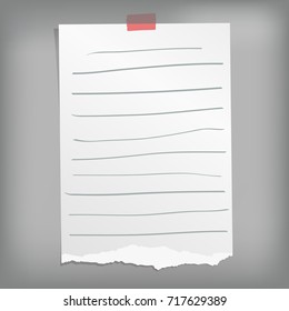 Ripped note, notebook, copybook paper sheets with strips stuck on gray background.