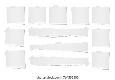 Ripped, note, notebook, copybook paper sheets for text or message stuck with sticky tape on white background.