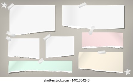 Ripped note, notebook paper strips stuck wiht sticky tape are on grey background. Vector illustration