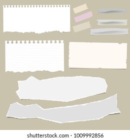 Ripped note paper sheets and pieces of sticky tape on brown background. Vector illustration of realistic notepaper 