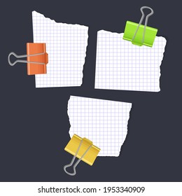 Ripped note of white color, notebook grainy paper strips stuck on grey background