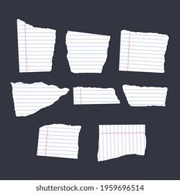 Ripped note of white color, notebook grainy paper strips stuck on grey background