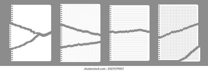 Ripped notebook paper, pieces of pages of school notepad, white scraps of notepaper. Vector illustration.