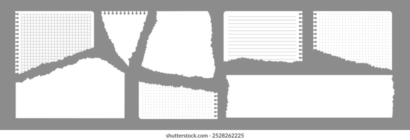 Papel de cuaderno rasgado, pedazos de páginas de cuaderno escolar, trozos blancos de papel de cuaderno. Ilustración vectorial.