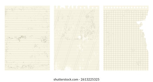 Ripped notebook paper sheet, lined page from old notepad. Grunge realistic texture.