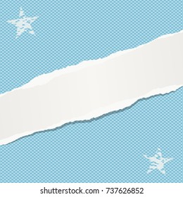 Ripped notebook paper strip, note for text or message stuck on blue squared background with stars.