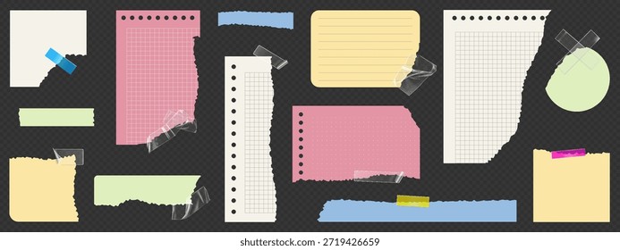 Tiras de papel de notebook rasgadas com bordas rasgadas e texturas realistas. Folhas de notas adesivas, etiquetas de memorando e pedaços de papel com sombras. Elementos de livro de recortes e quadros de pôster para fundos de colagem.
