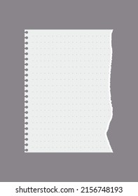 Papel portátil arrancado con puntos, ilustración vectorial realista aislada en fondo gris. Hoja de memo rota para escritura, papelería escolar y oficina. Papel en blanco para el bloc de notas.