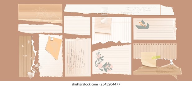 Hojas de bloc de notas rasgadas con delicadas decoraciones florales, patrón forrado, piezas de cinta adhesiva y alfileres. Varios trozos de papel y fragmentos de cuaderno con hojas y Elementos botánicos.