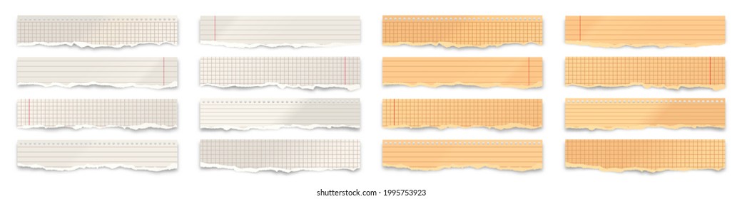 Ripped old paper strips isolated on white background. Realistic crumpled paper scraps with torn edges. Lined shreds of notebook pages. Vector illustration.