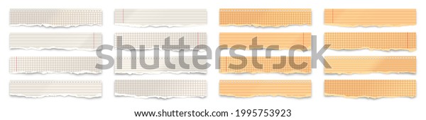 Ripped old paper strips isolated on\
white background. Realistic crumpled paper scraps with torn edges.\
Lined shreds of notebook pages. Vector\
illustration.
