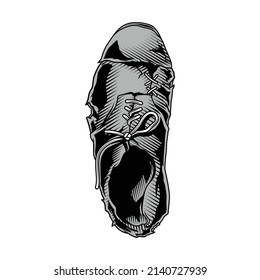 Ripped old shoe. Vector illustration of of old unsewn boot in engraving technique.