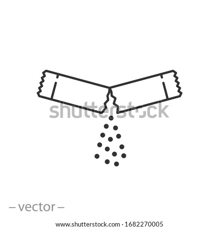 ripped packet sugar icon, open paper sachet with sugar crystals, soluble medication, thin line web symbol on white background - editable stroke vector illustration eps10
