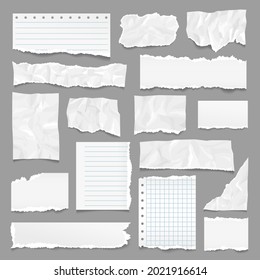 Ripped pages. Torn paper, note strips with rip edges. Notebook page, linear textured sheets. Realistic wrinkled and crumpled blank exact vector elements