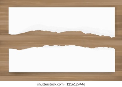 Ripped paper background on brown wood texture. Torn paper edge with area for copy space. Vector illustration.