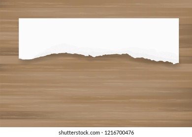 Ripped paper background on brown wood texture. Torn paper edge with area for copy space. Vector illustration.