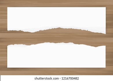 Ripped paper background on brown wood texture. Torn paper edge with area for copy space. Vector illustration.