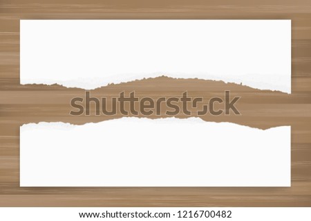 Ripped paper background on brown wood texture. Torn paper edge with area for copy space. Vector illustration.